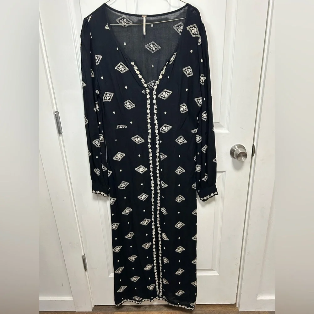 Free People Black Dress with White Embroidery